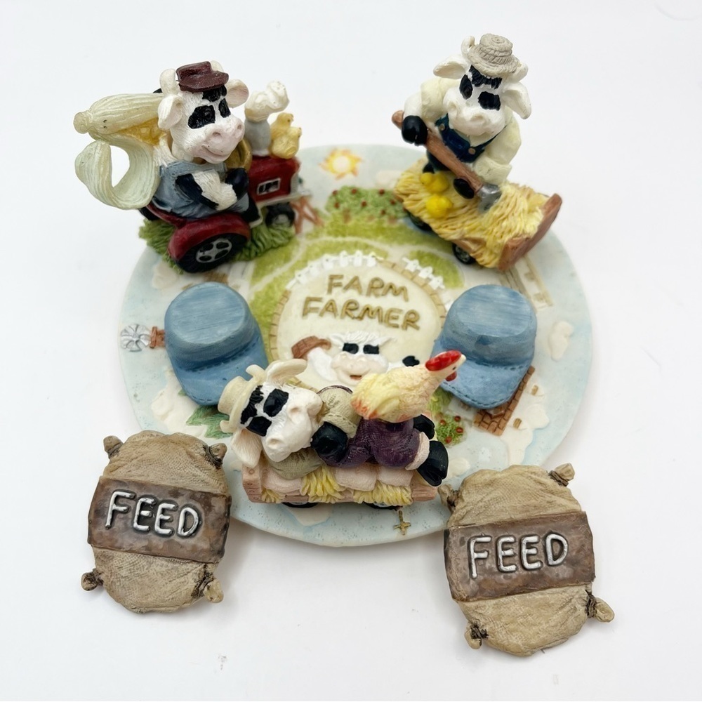 Vintage 1994 Popular Imports Farmer Resin Miniature Set Cows Chicken Made in USA